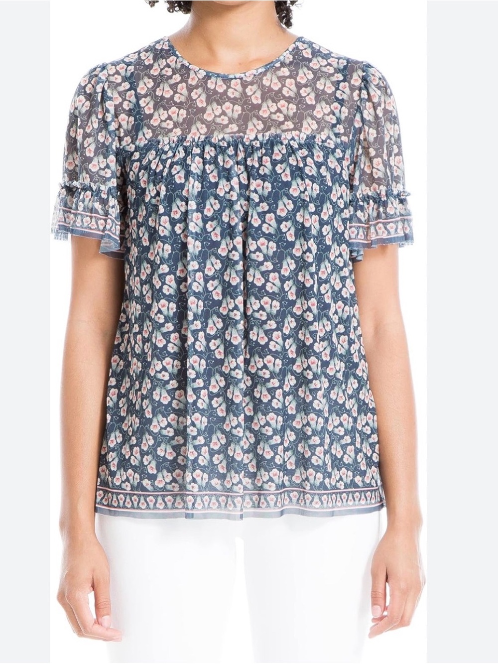 Max Studio Sheer Floral Blouse Size Small Navy Pink Boho Flowy Top